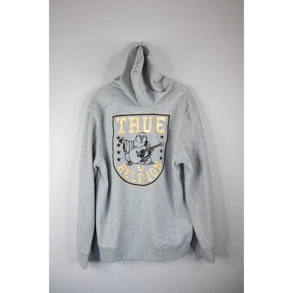 True Religion Zip Hoodie Mens XL Gray Excellent Buddha 3 Star Graphic Sweatshirt